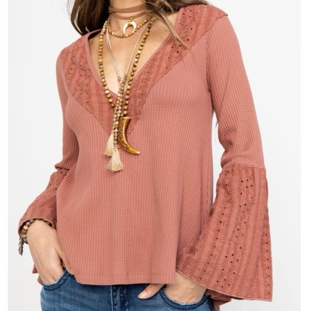 FREE PEOPLE PARISIAN NIGHTS BELL SLEEVE EYELET & WAFFLE KNIT TOP